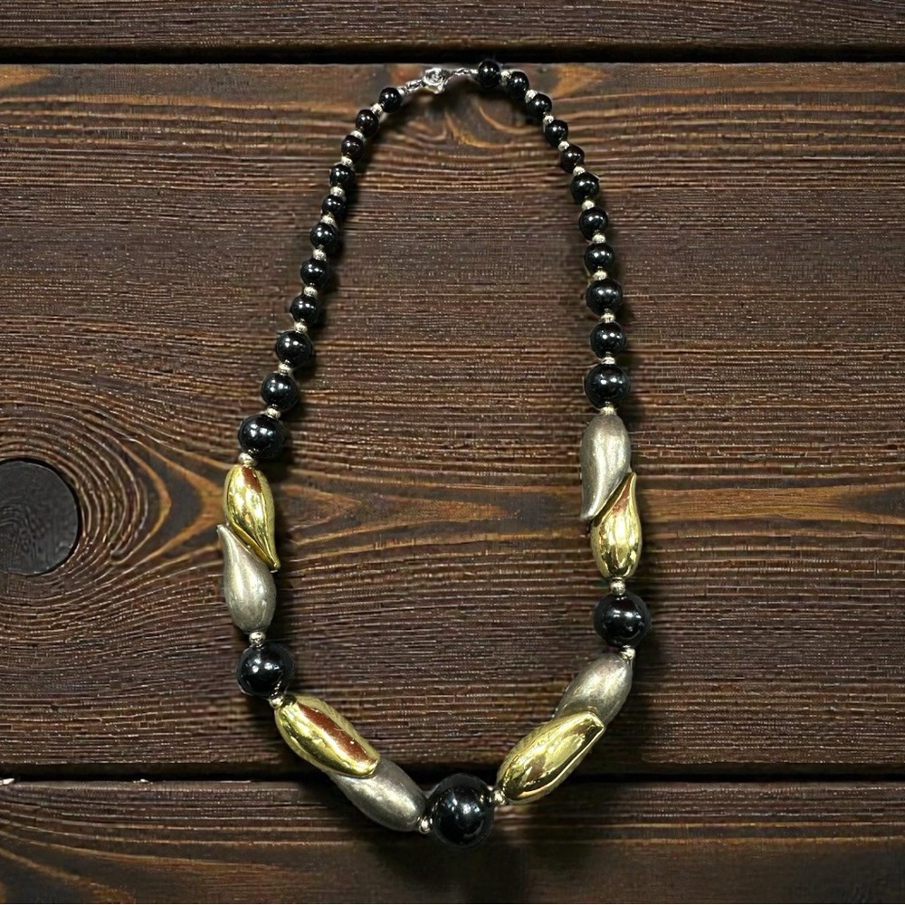 VTG Black and Gold Tone Beaded Necklace